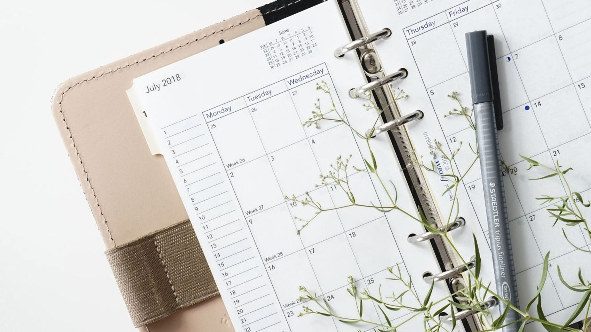 close up of a planner with a pen and some greenery draped over top
