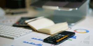 Calculator on a marketer's desk.